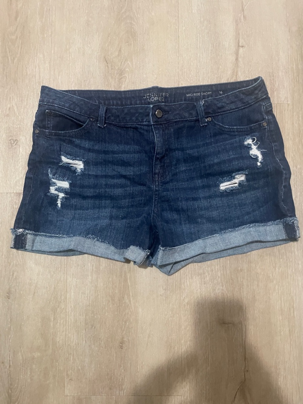Jennifer Lopez Dark Blue Distressed Cuffed Denim Shorts 16